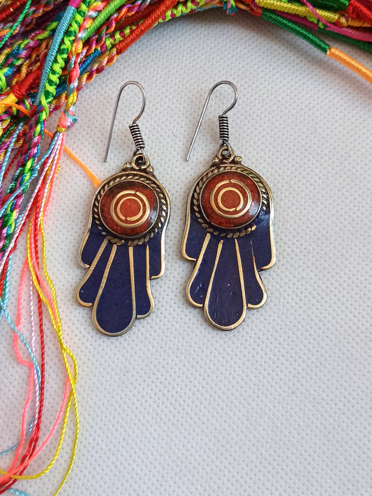 Blue and red Hand of Fatima Nepalese earrings