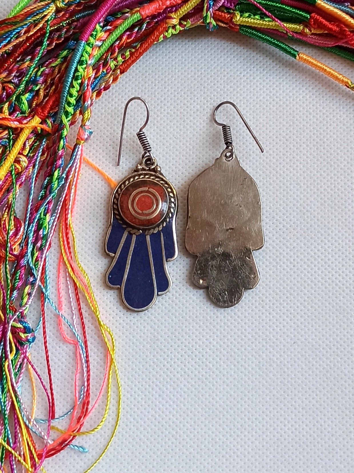 Blue and red Hand of Fatima Nepalese earrings