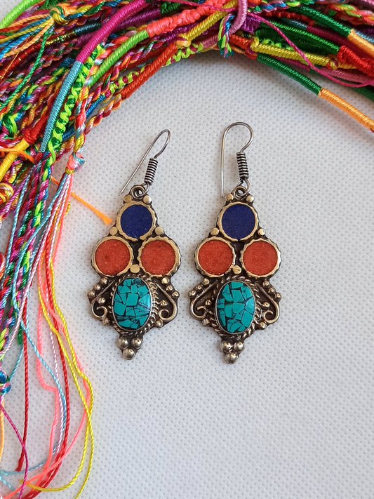 Vintage blue red and turquoise Nepalese earrings