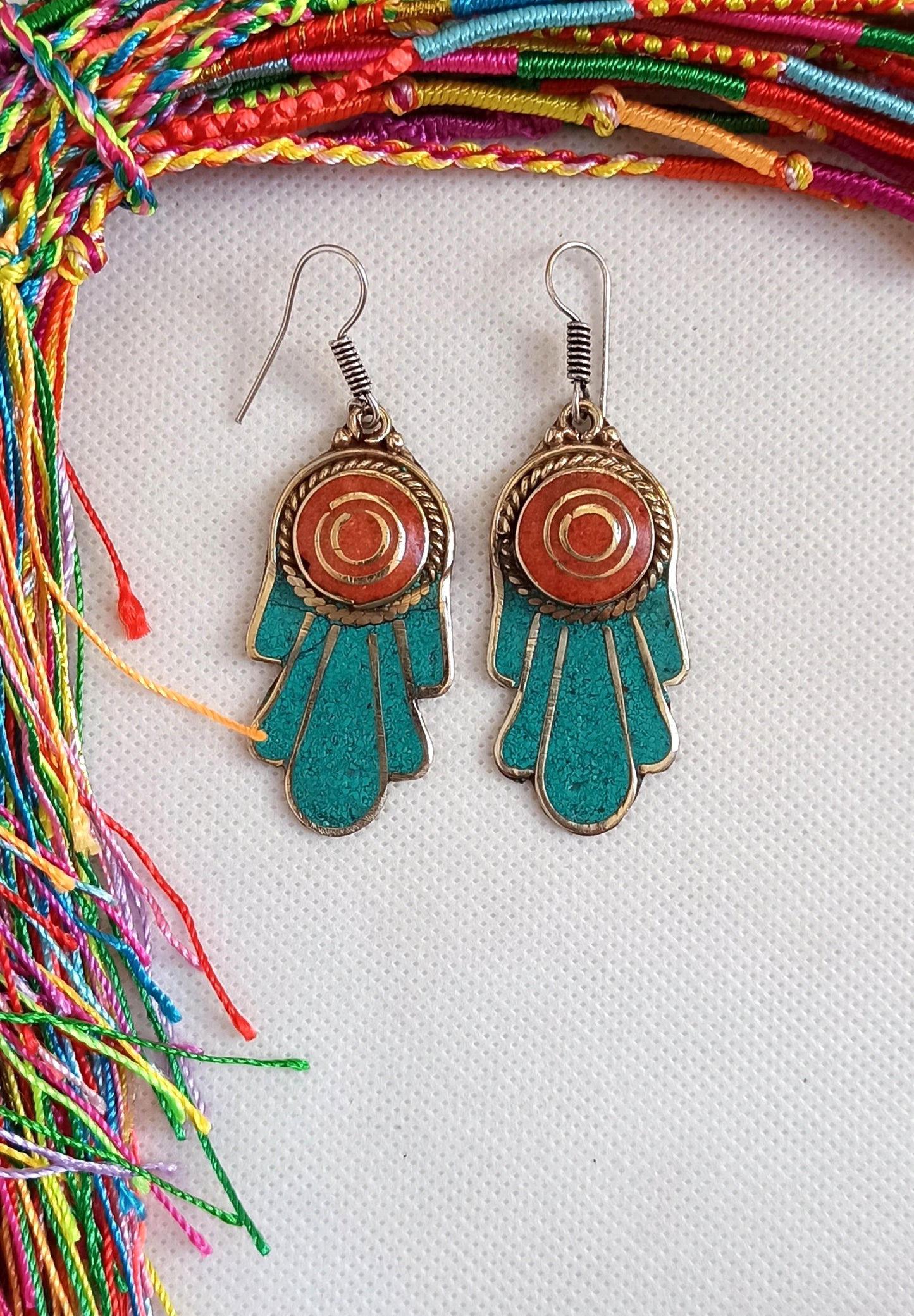 Vintage turquoise and red Fatima hand Nepalese earrings