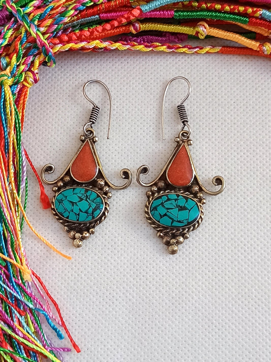 Vintage turquoise and red curly Nepalese earrings