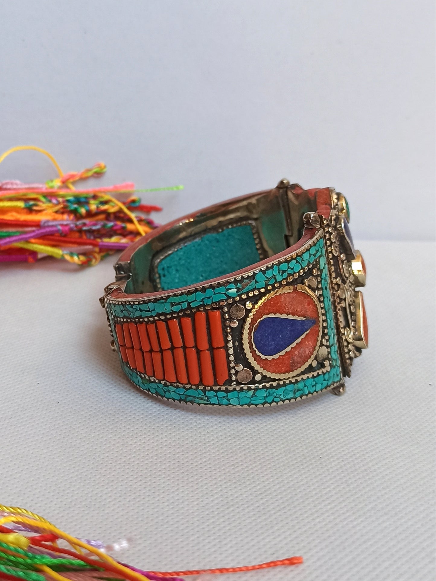 Vintage red and blue turquoise flower Nepalese bangle bracelet