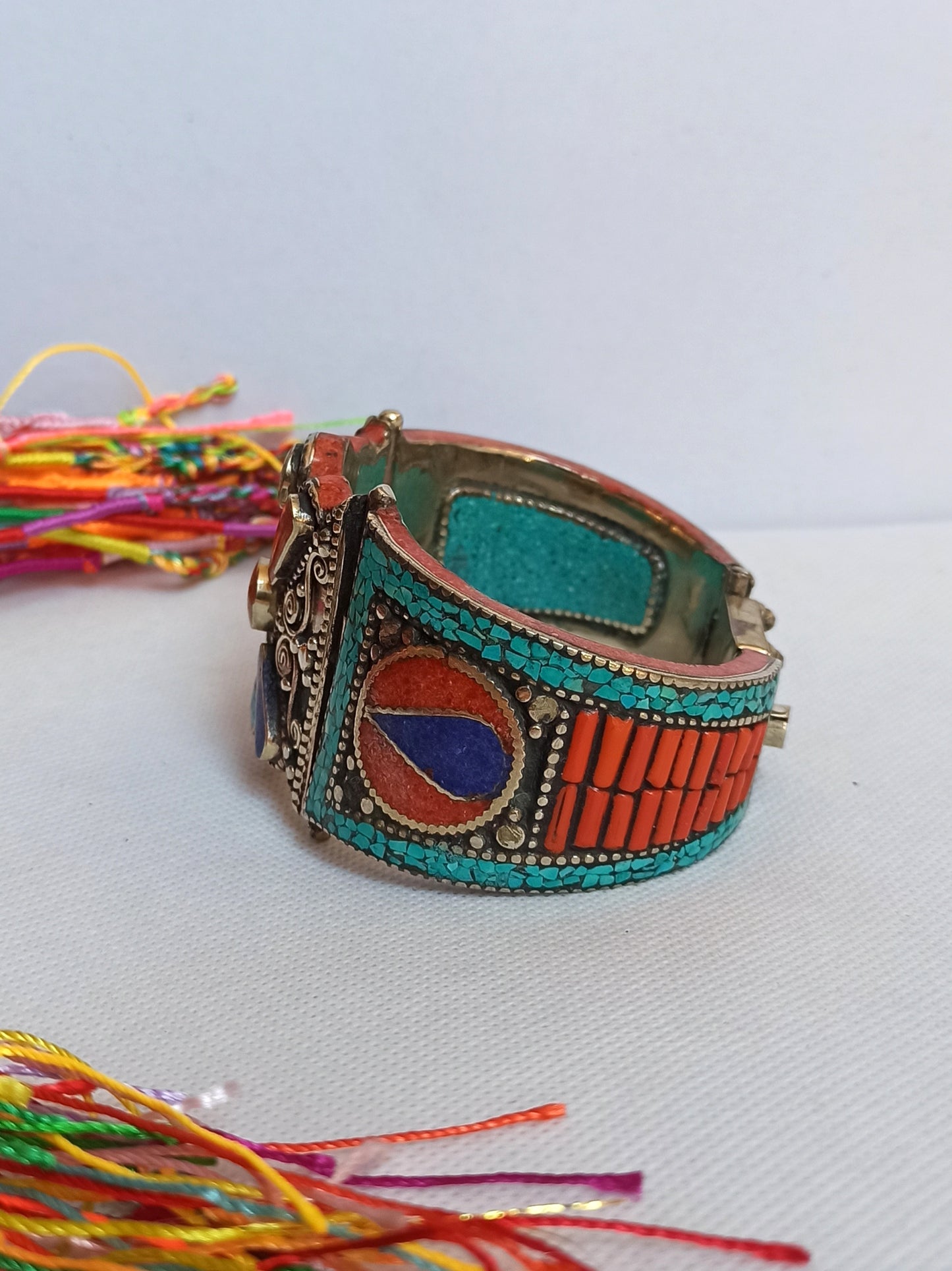 Vintage red and blue turquoise flower Nepalese bangle bracelet