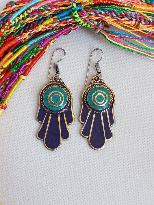 Vintage blue and turquoise hand of Fatima Nepalese earrings