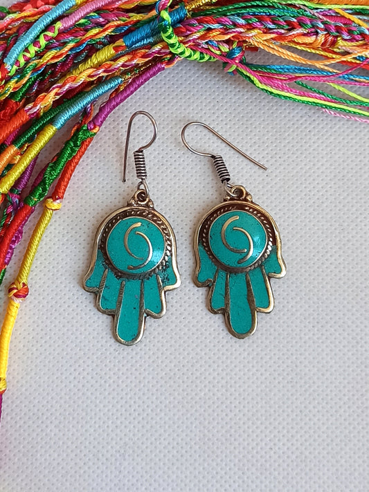 Vintage turquoise hand of Fatima Nepalese earrings