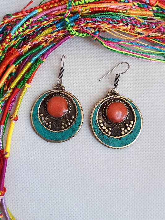 Vintage red and turquoise circle Nepalese earrings