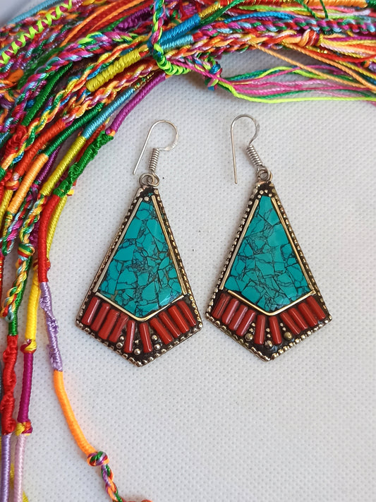 Vintage turquoise and red Nepalese fan earrings