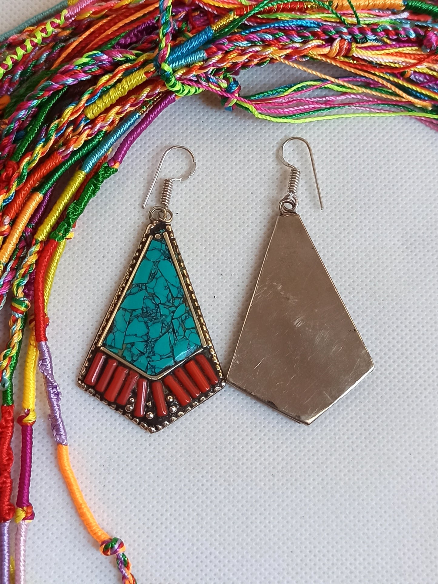 Vintage turquoise and red Nepalese fan earrings