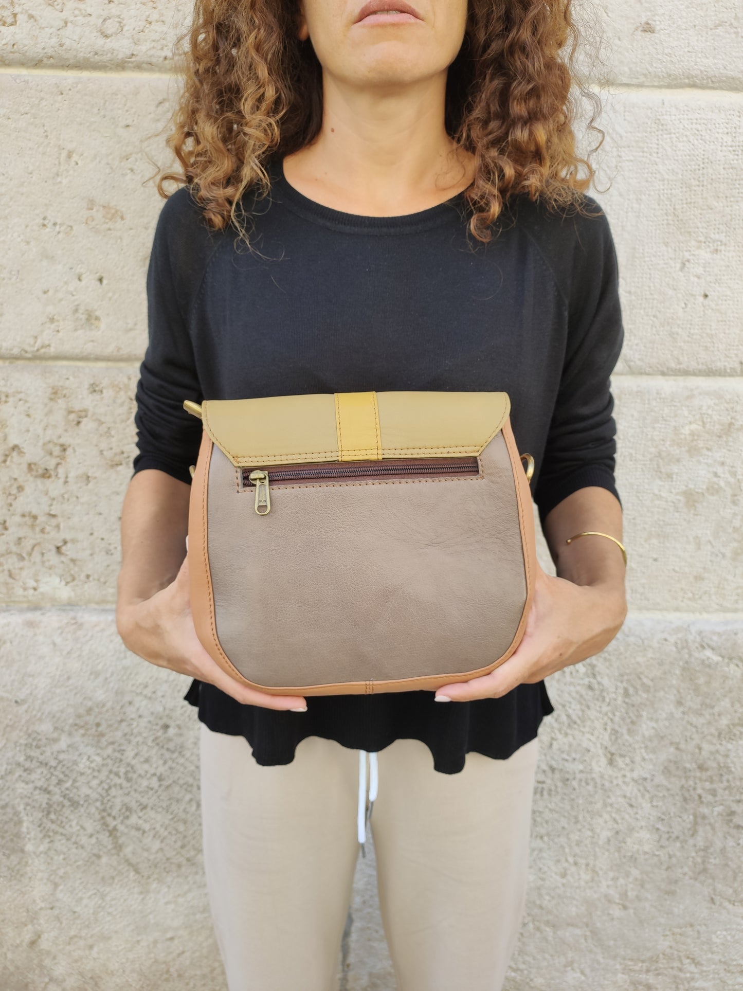 Beige boho leather shoulder bag