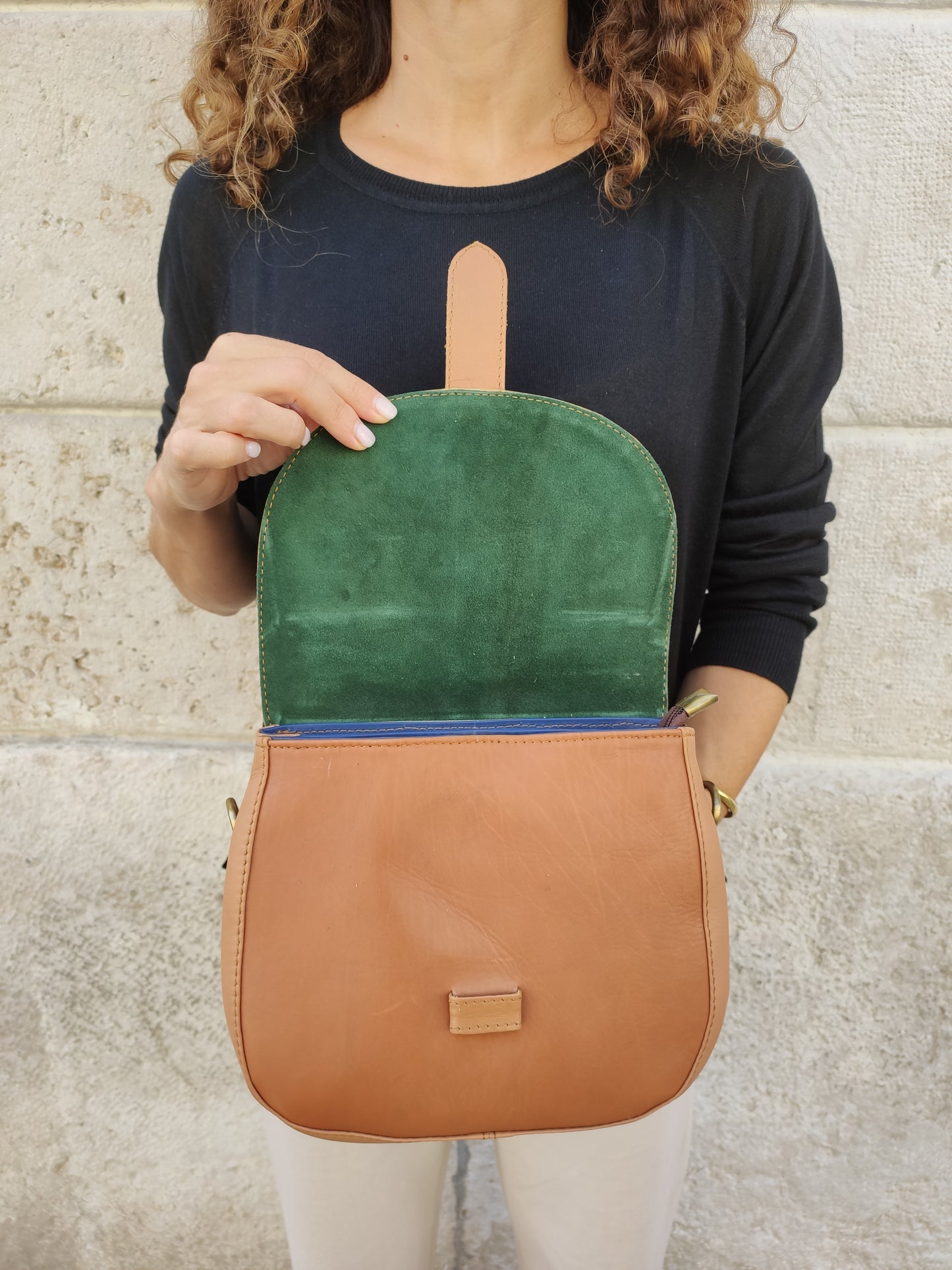 Beige boho leather shoulder bag