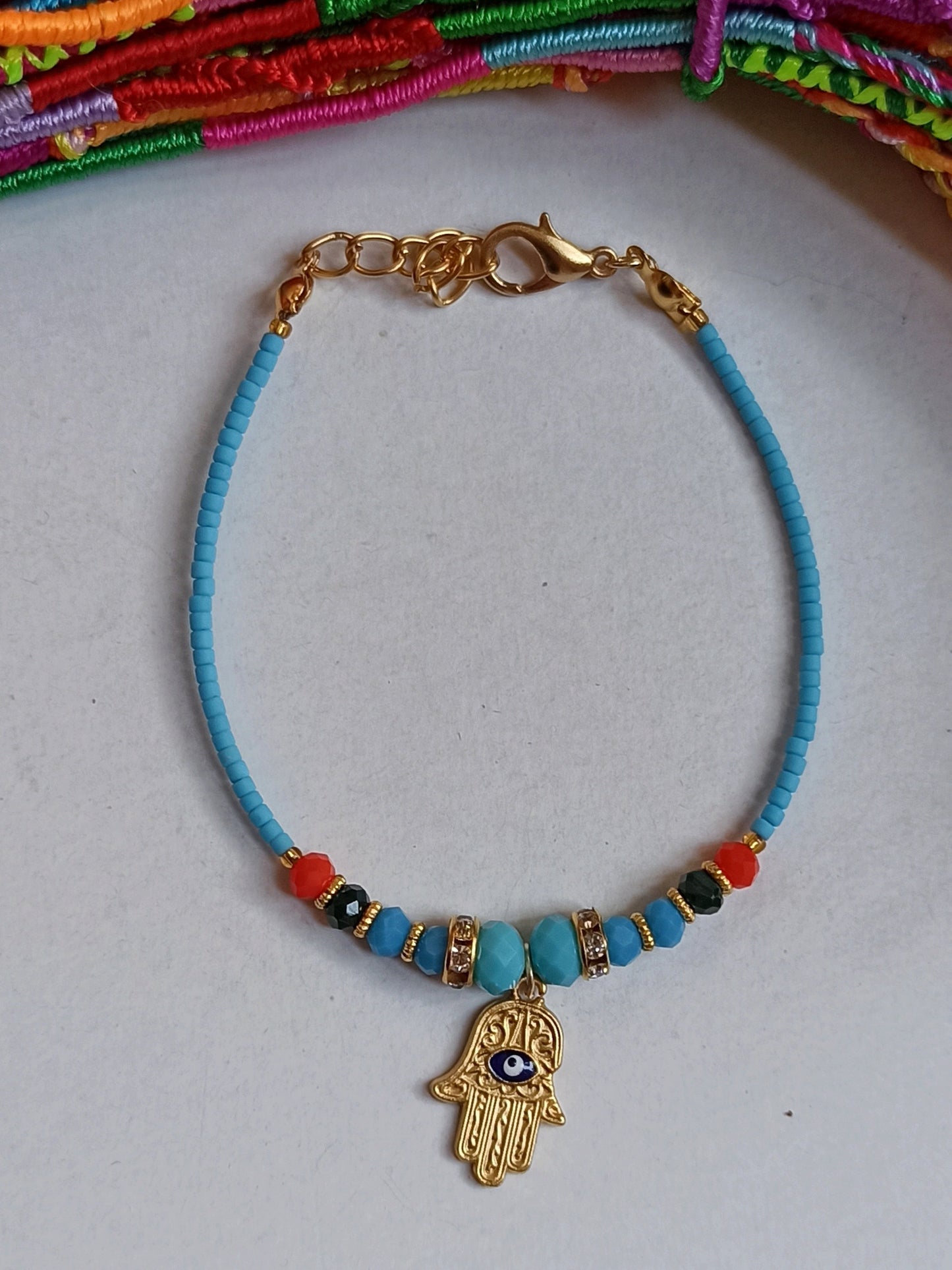 Hand of Fatima thin blue bracelet