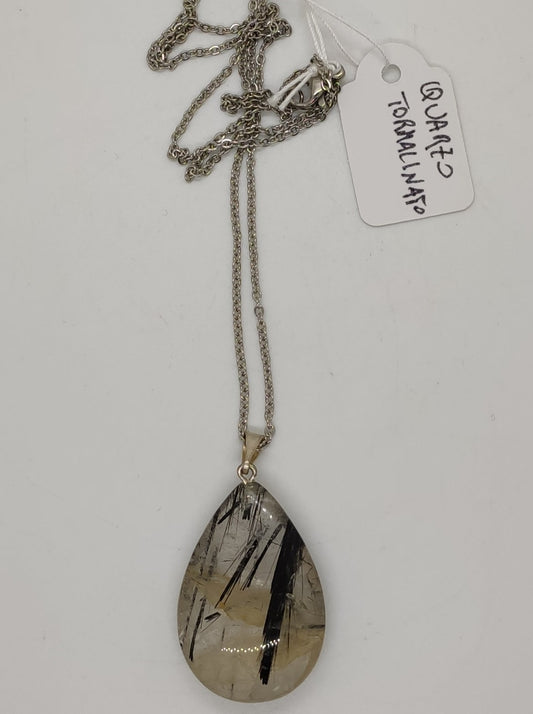 Tourmalinated quartz hard stone drop pendant