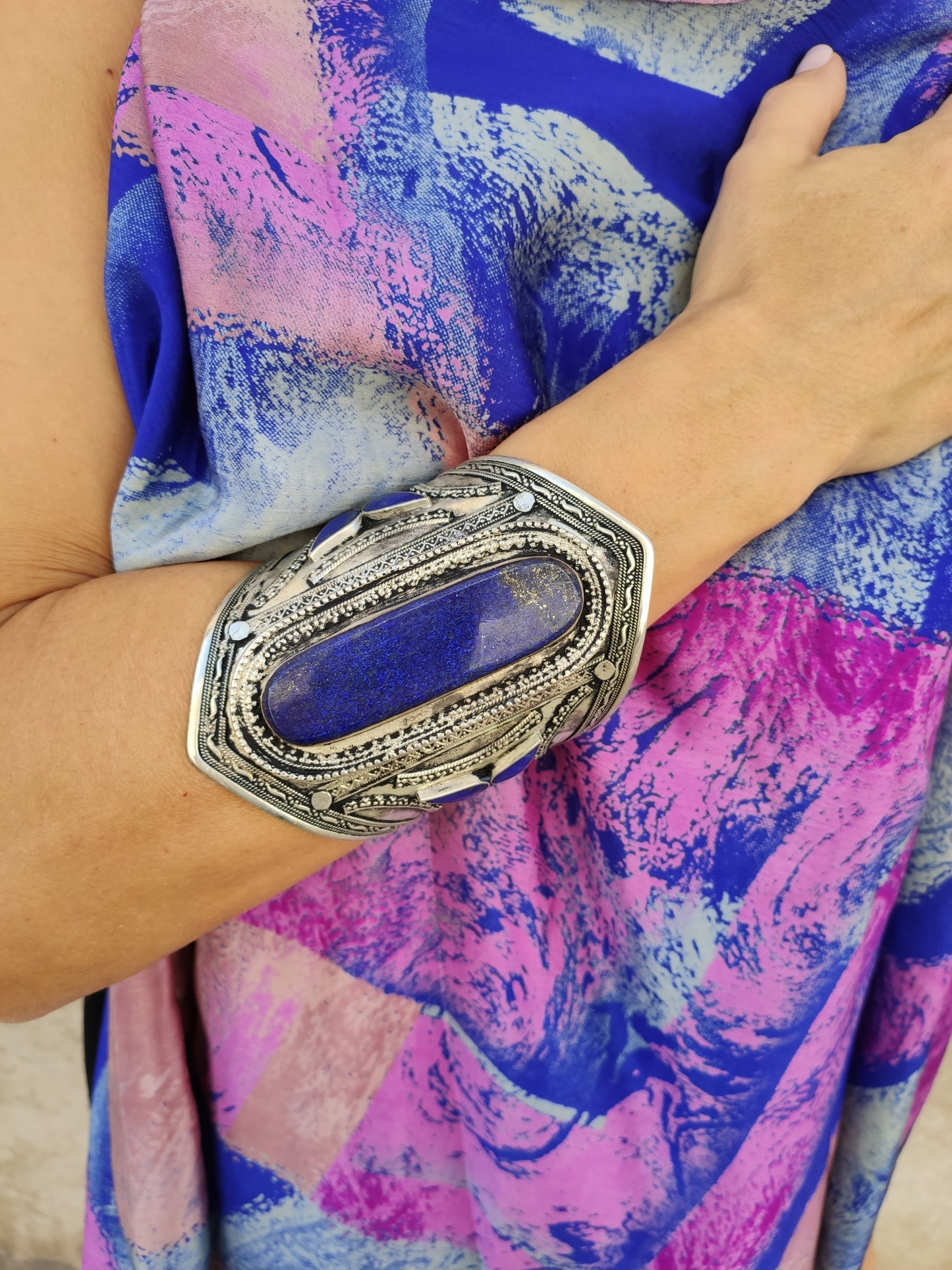 Antique vintage lapis lazuli large open bracelet