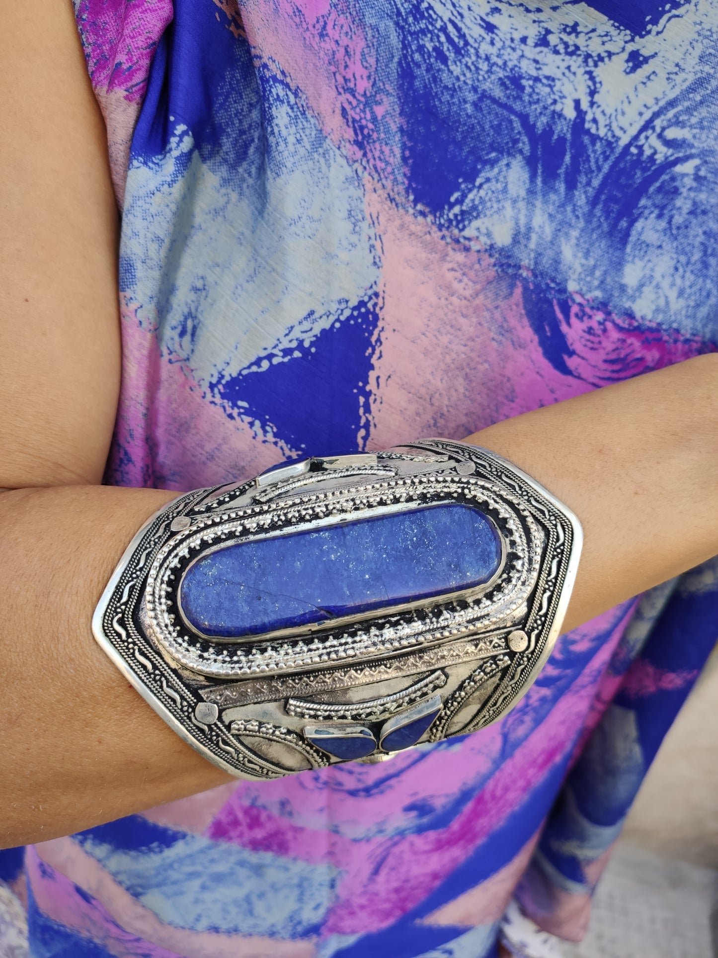 Antique vintage lapis lazuli large open bracelet