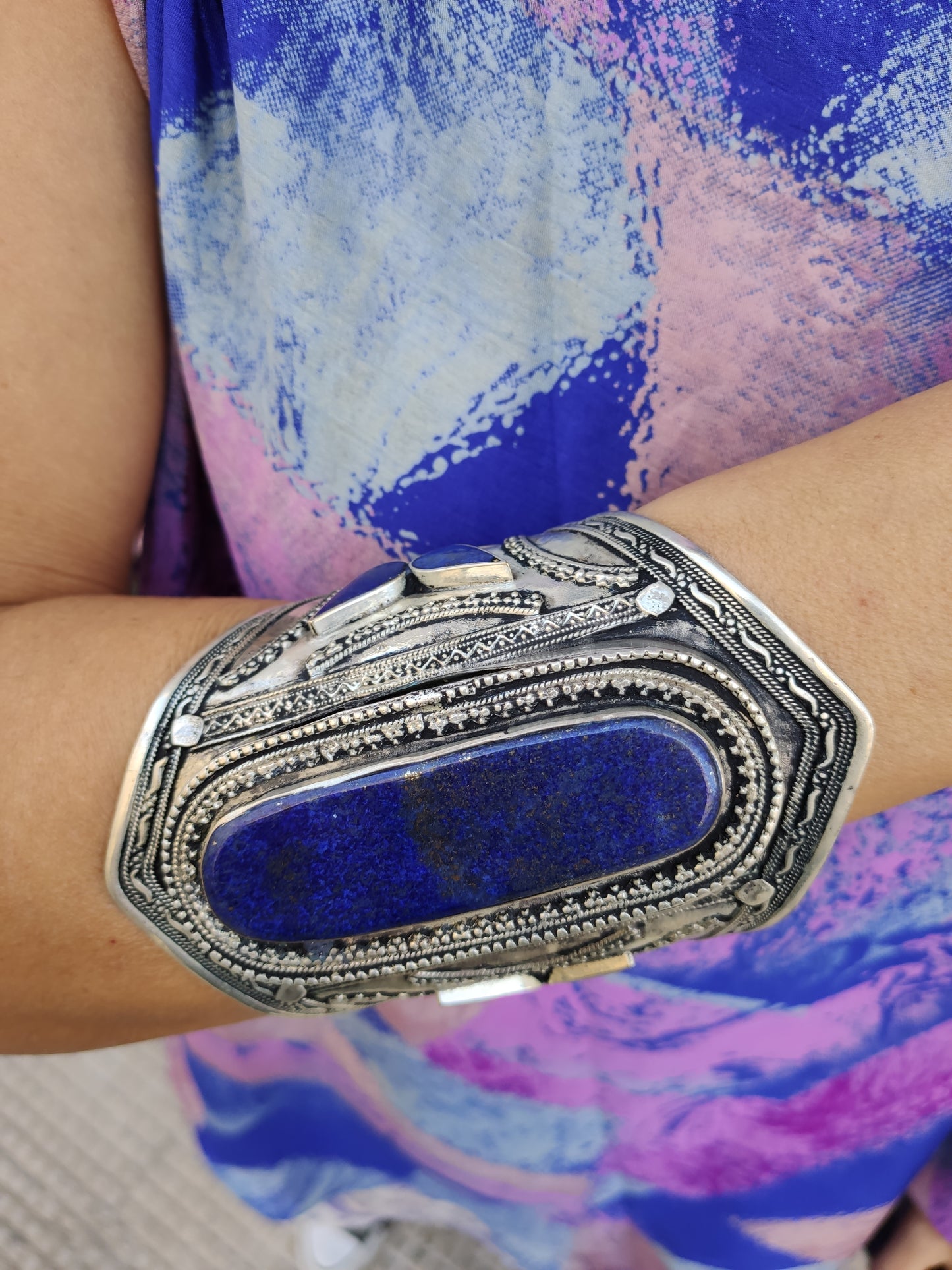 Antique vintage lapis lazuli large open bracelet