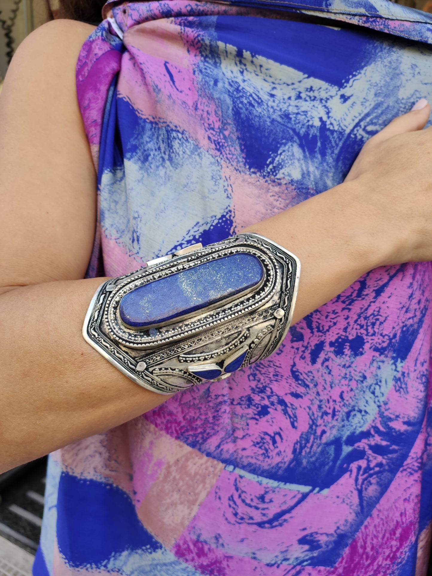 Antique vintage lapis lazuli large open bracelet