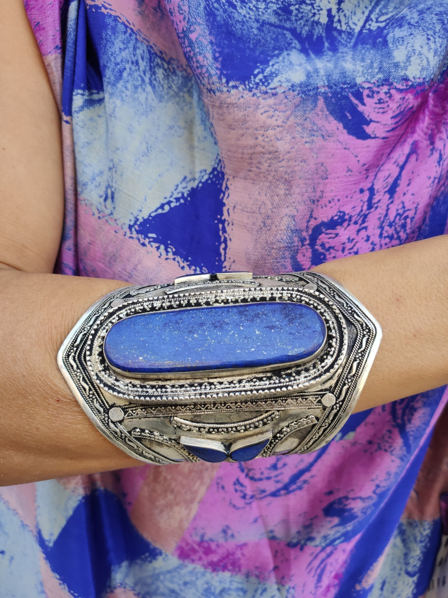 Antique vintage lapis lazuli large open bracelet