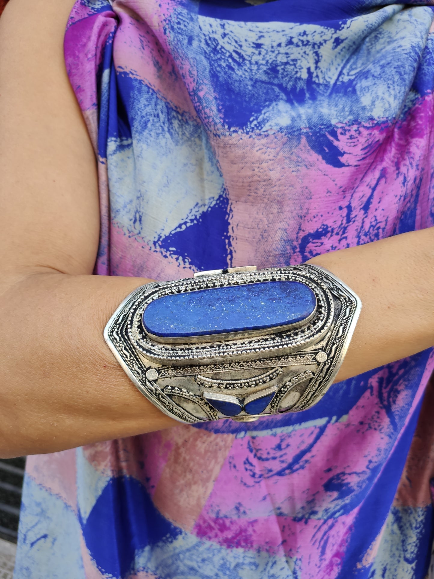 Antique vintage lapis lazuli large open bracelet