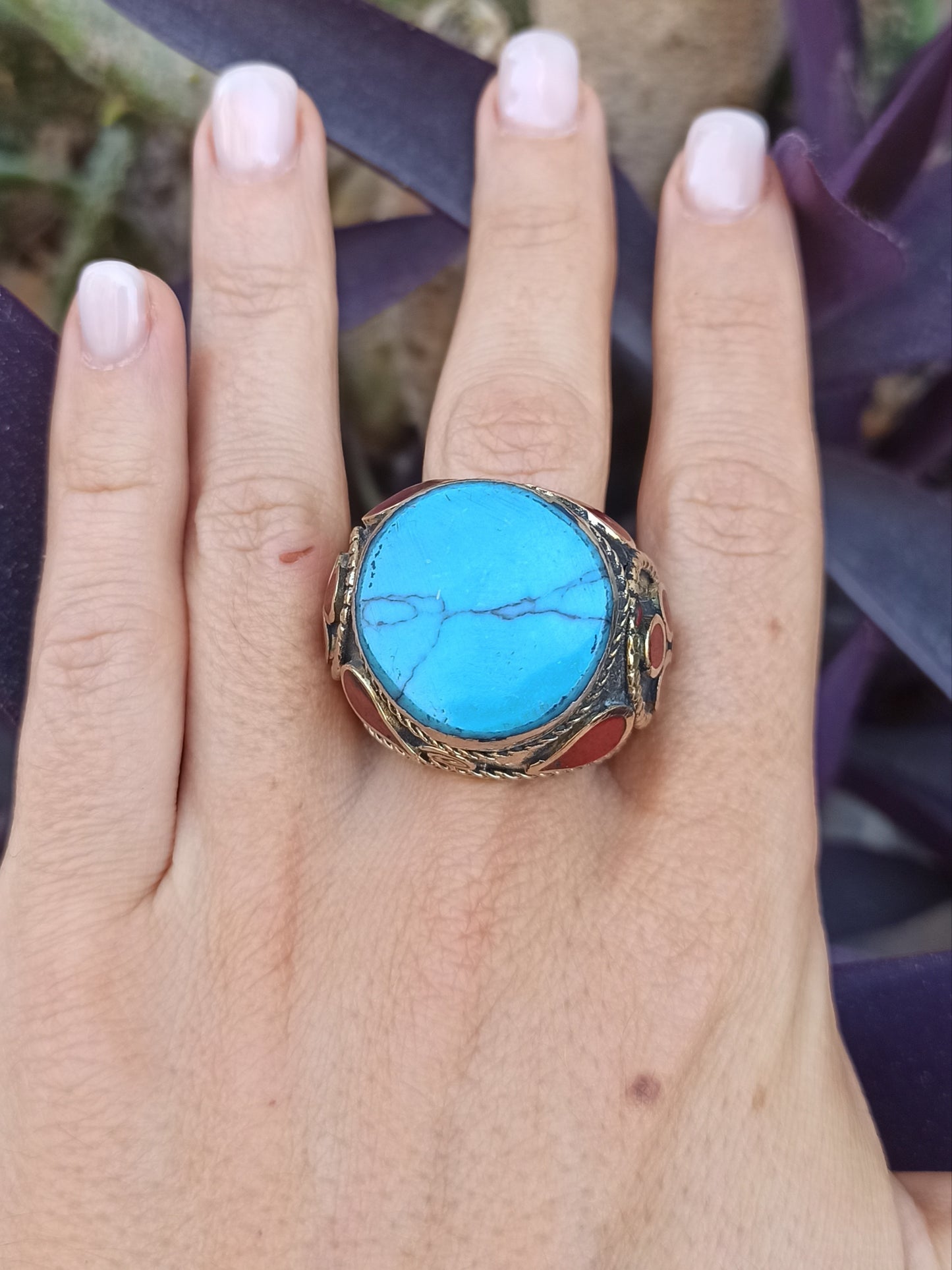 Large antique vintage synthetic turquoise signet ring