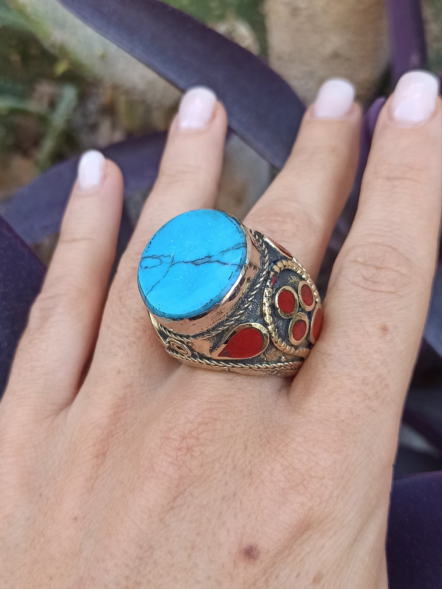 Large antique vintage synthetic turquoise signet ring