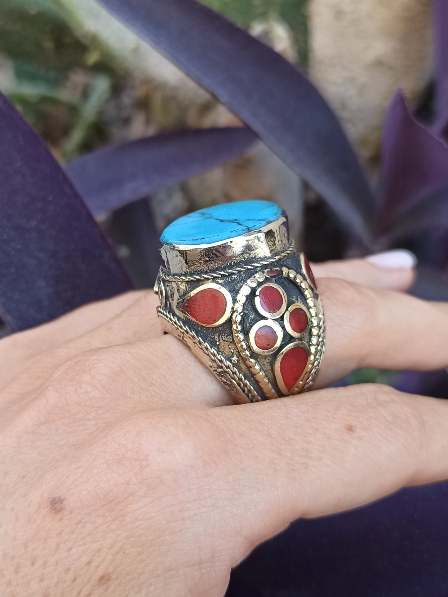 Large antique vintage synthetic turquoise signet ring