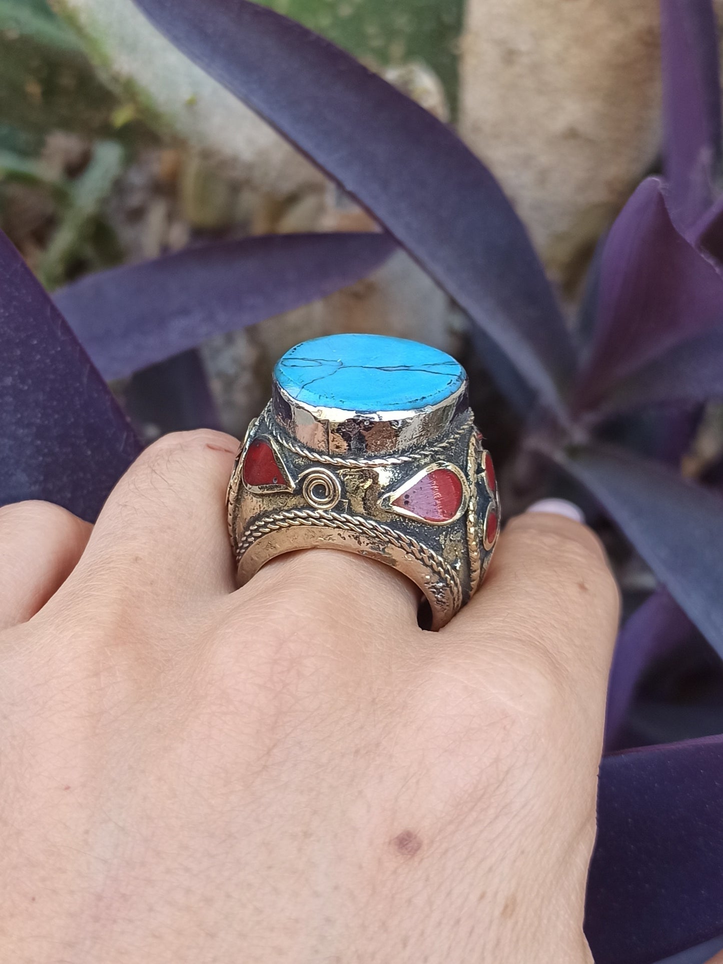 Large antique vintage synthetic turquoise signet ring