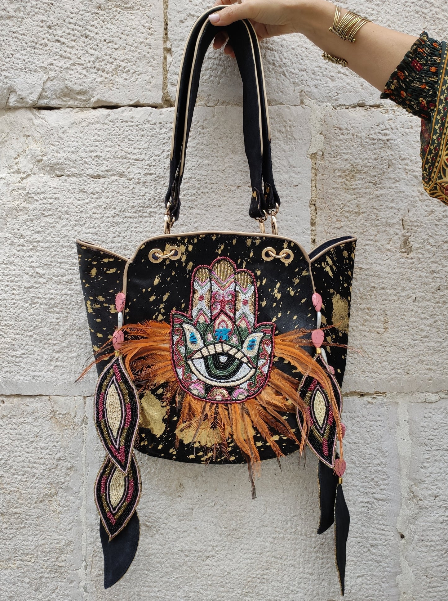 Leather shopper bag with fringes cowgirl boho hand by fatima