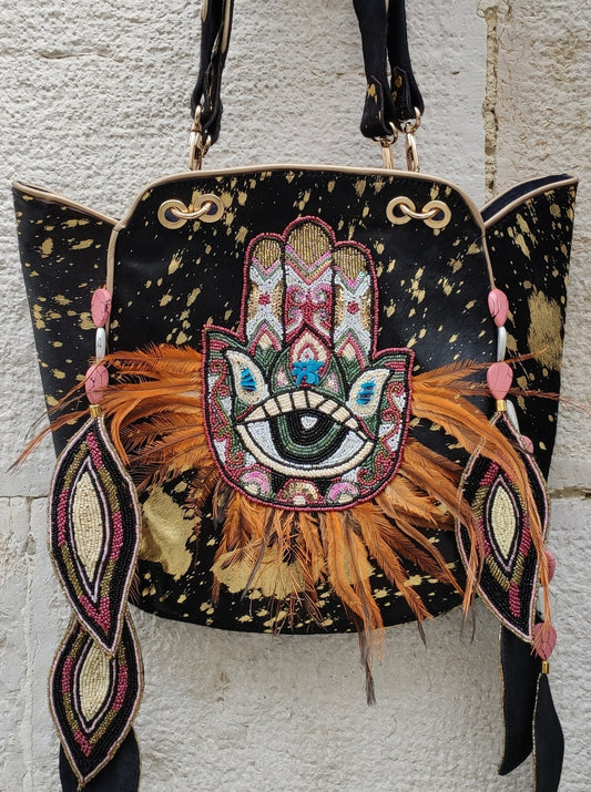 Leather shopper bag with fringes cowgirl boho hand by fatima