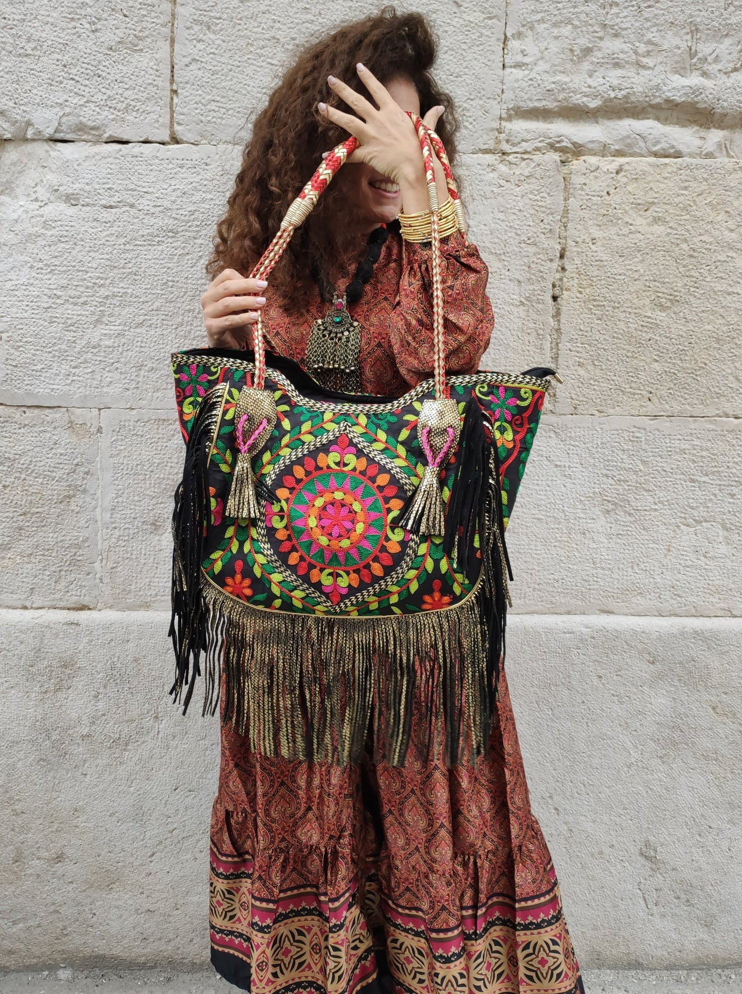 Leather shopper bag embroidered fabric cowgirl boho banjara super outfit