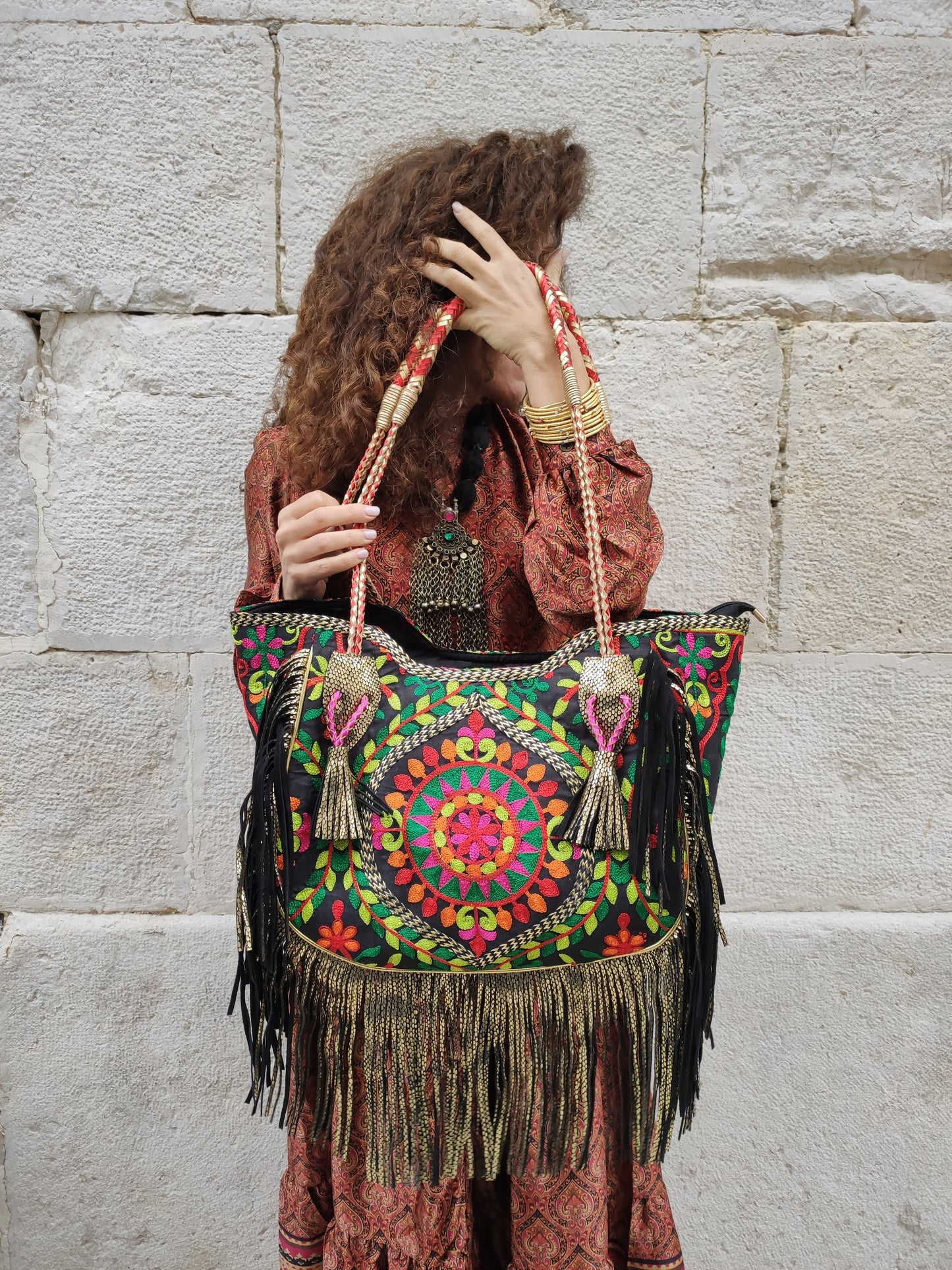 Leather shopper bag embroidered fabric cowgirl boho banjara super outfit