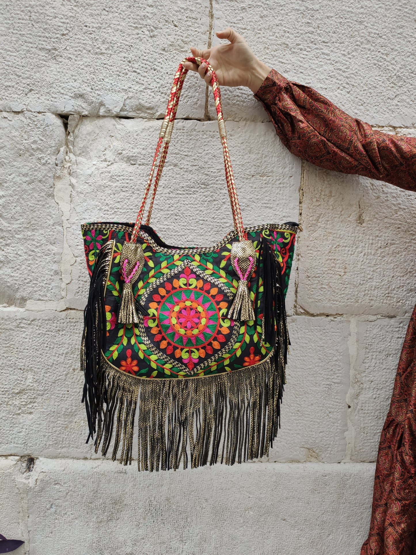 Leather shopper bag embroidered fabric cowgirl boho banjara super outfit