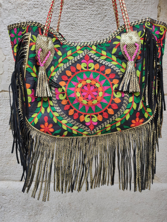 Leather shopper bag embroidered fabric cowgirl boho banjara super outfit