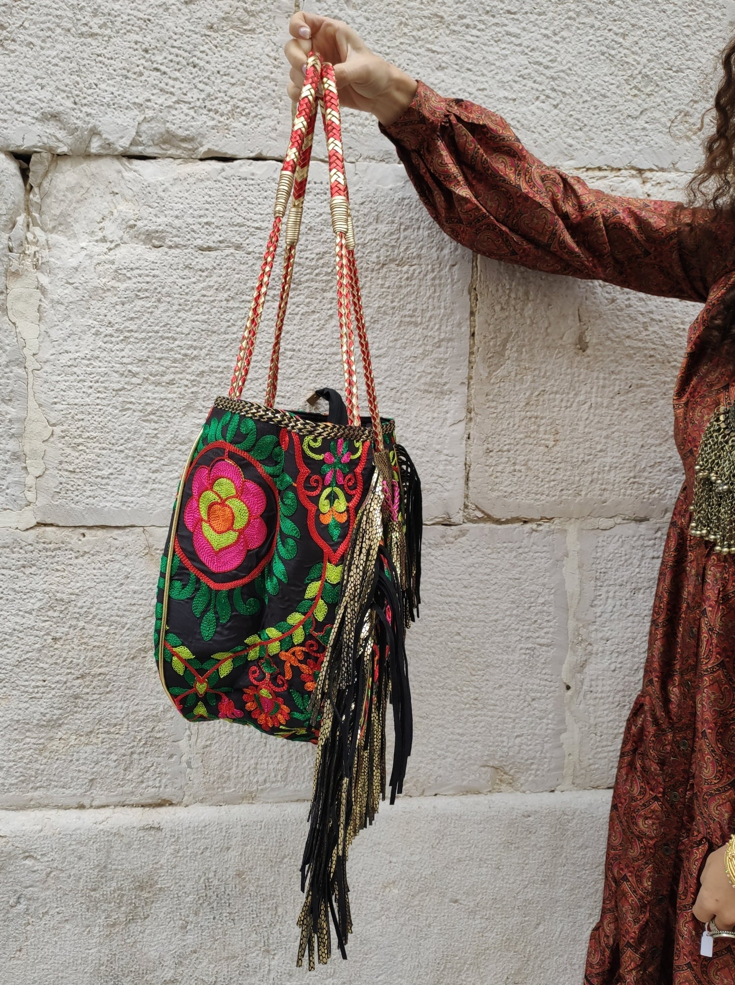 Leather shopper bag embroidered fabric cowgirl boho banjara super outfit