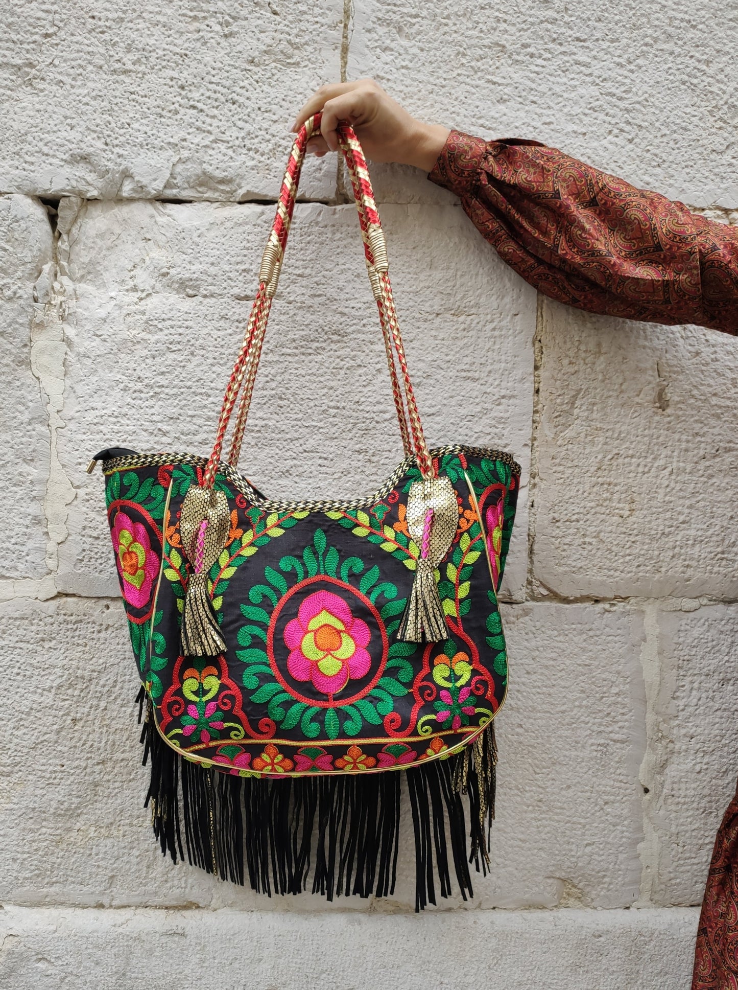 Leather shopper bag embroidered fabric cowgirl boho banjara super outfit