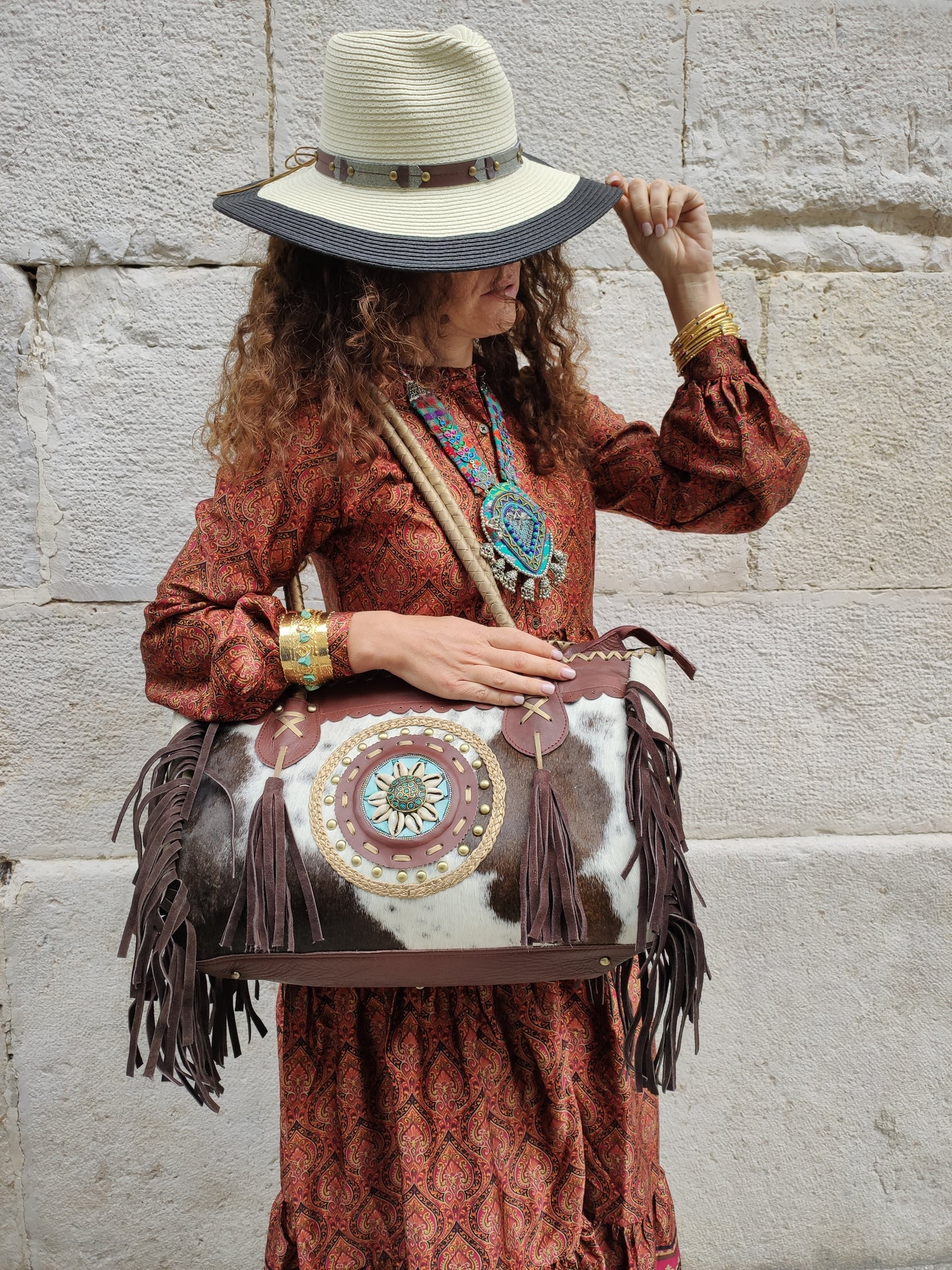 Super outfit cowgirl boho brown black leather shopper bag