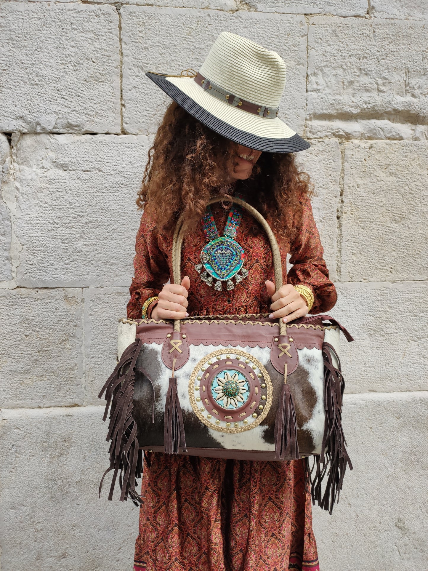 Super outfit cowgirl boho brown black leather shopper bag