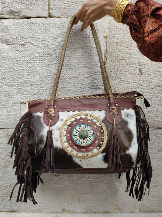 Super outfit cowgirl boho brown black leather shopper bag