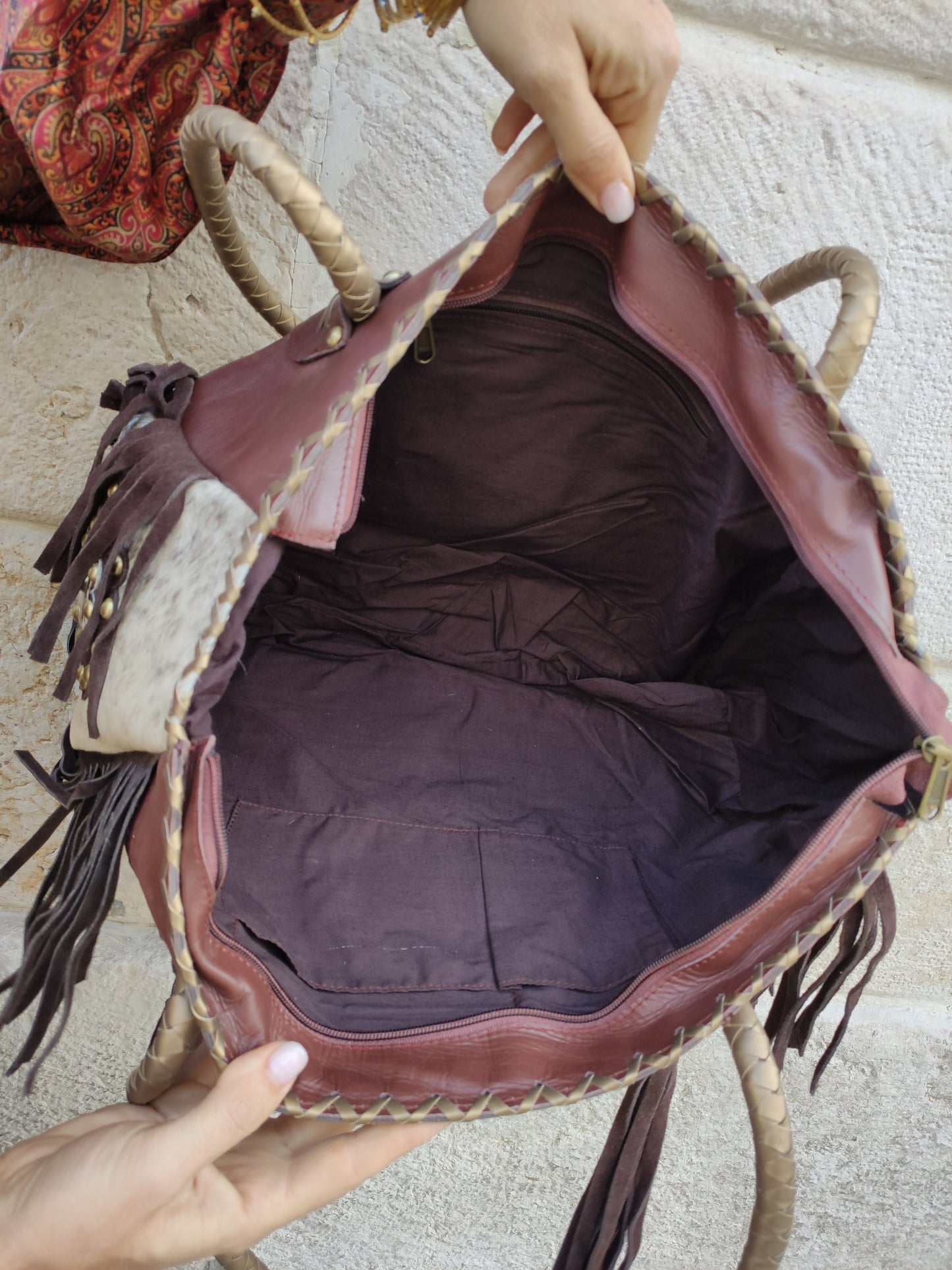 Super outfit cowgirl boho brown black leather shopper bag