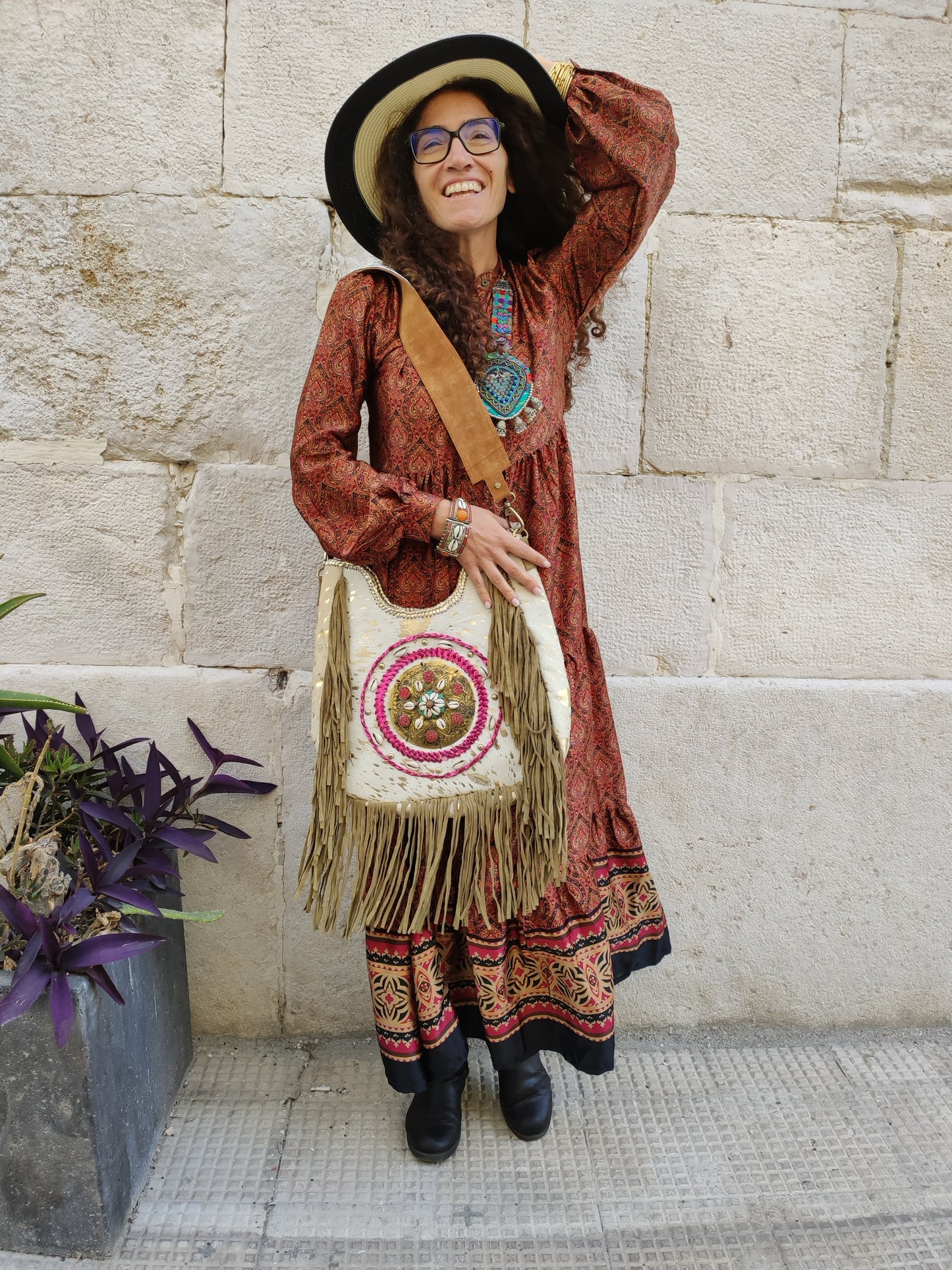 Leather shopper bag with fringes cowgirl boho brown black super outfit