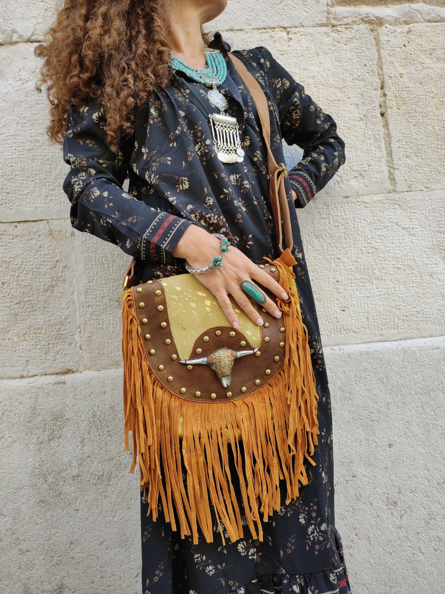 Brown leather shoulder bag with fringes cowgirl boho super outfit