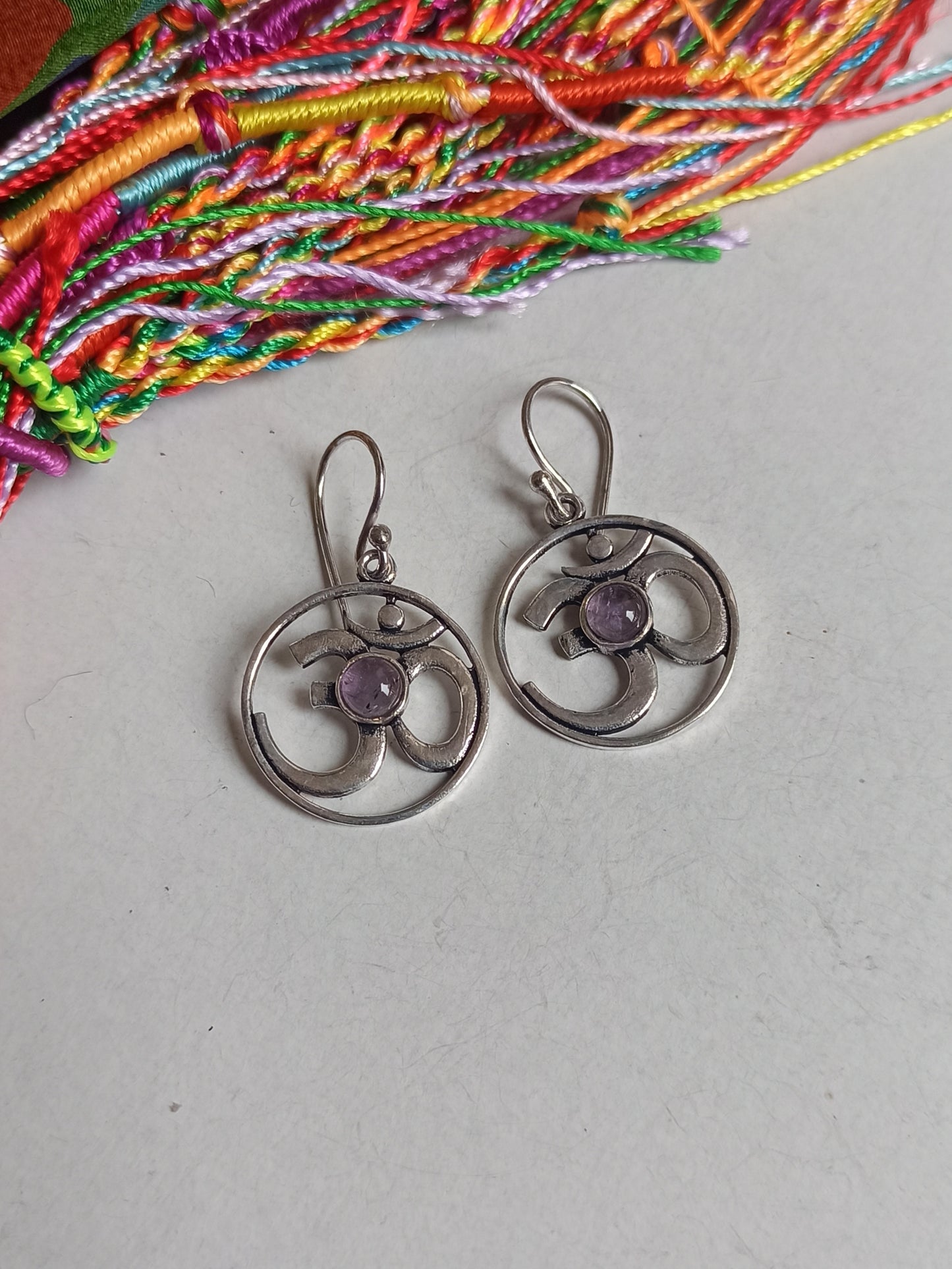 Purple ohm silver boho earrings