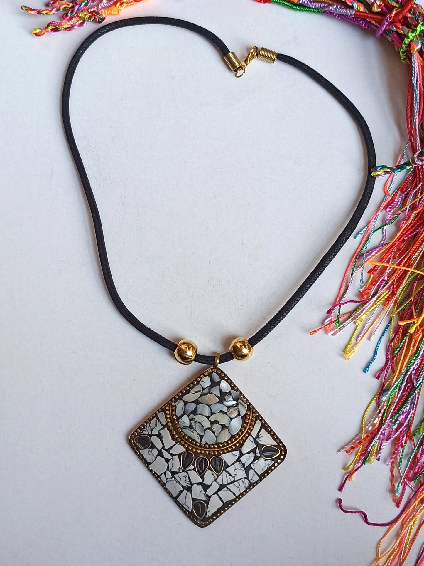 Nepalese white square medallion necklace