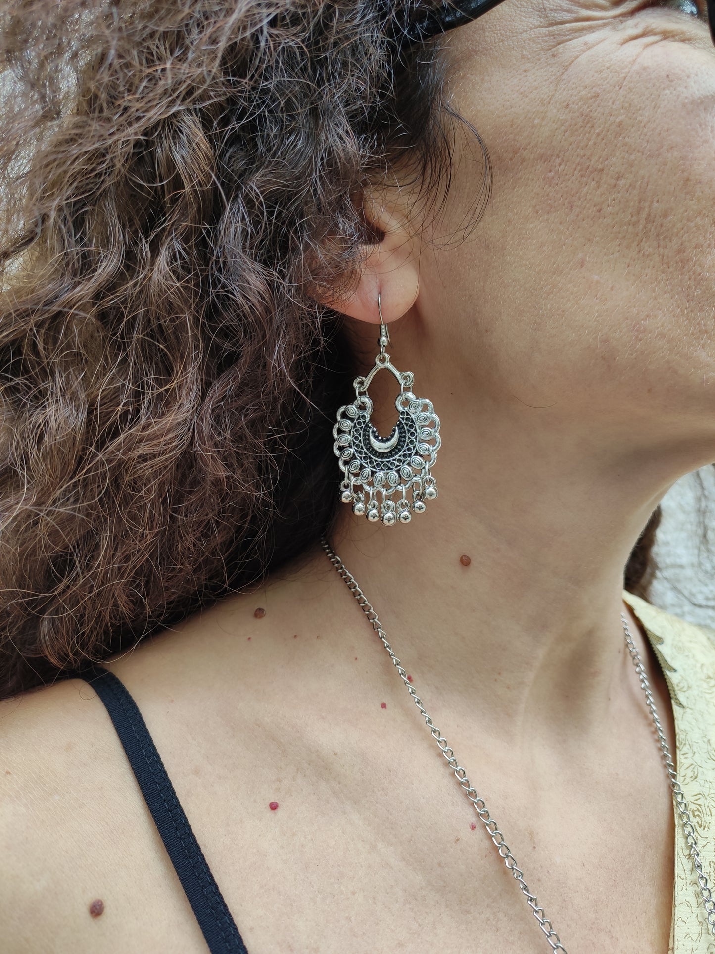 Necklace set and earrings long pendant metal medallion silver peacock India