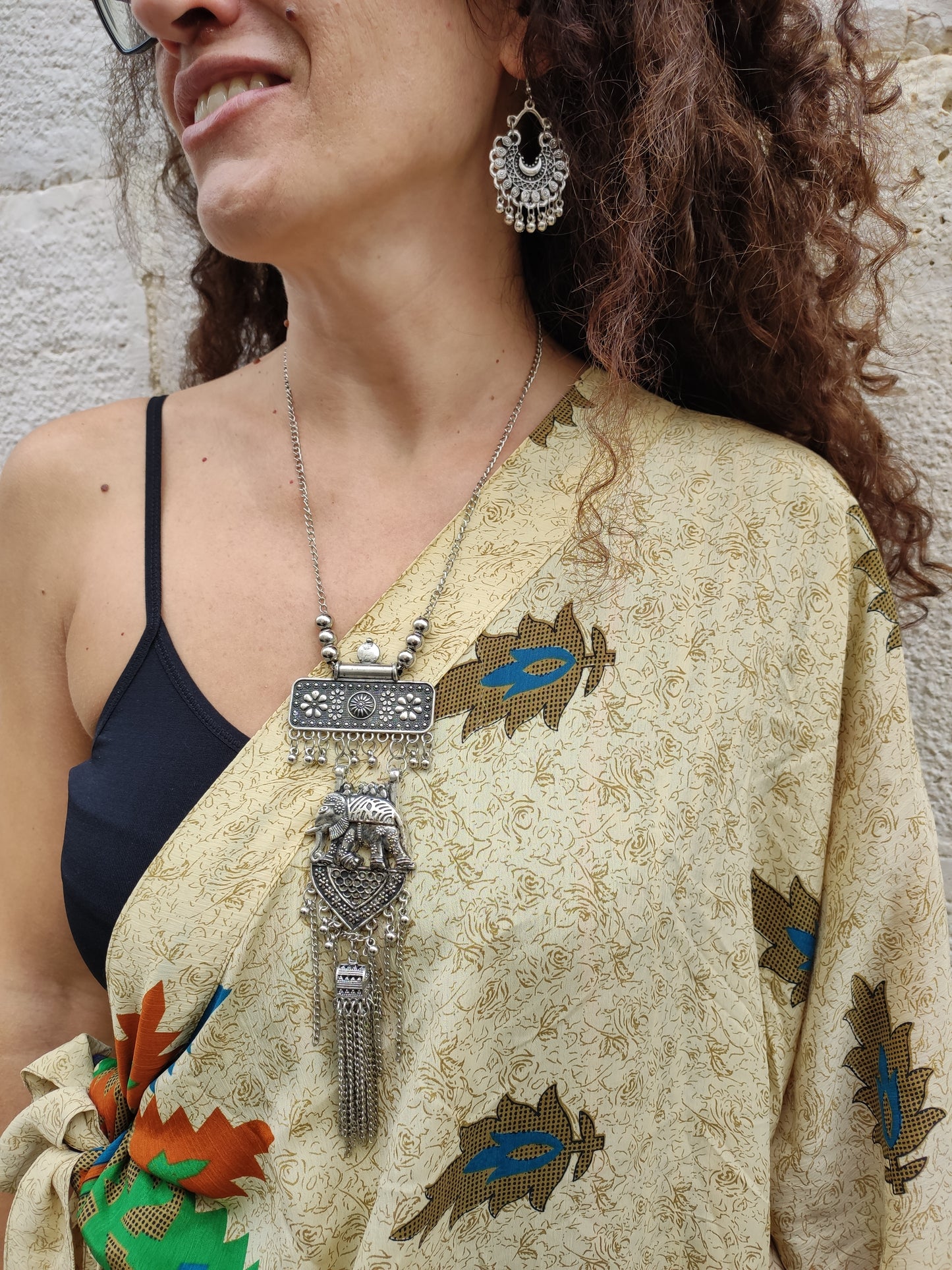 Necklace set and earrings long pendant metal medallion silver peacock India