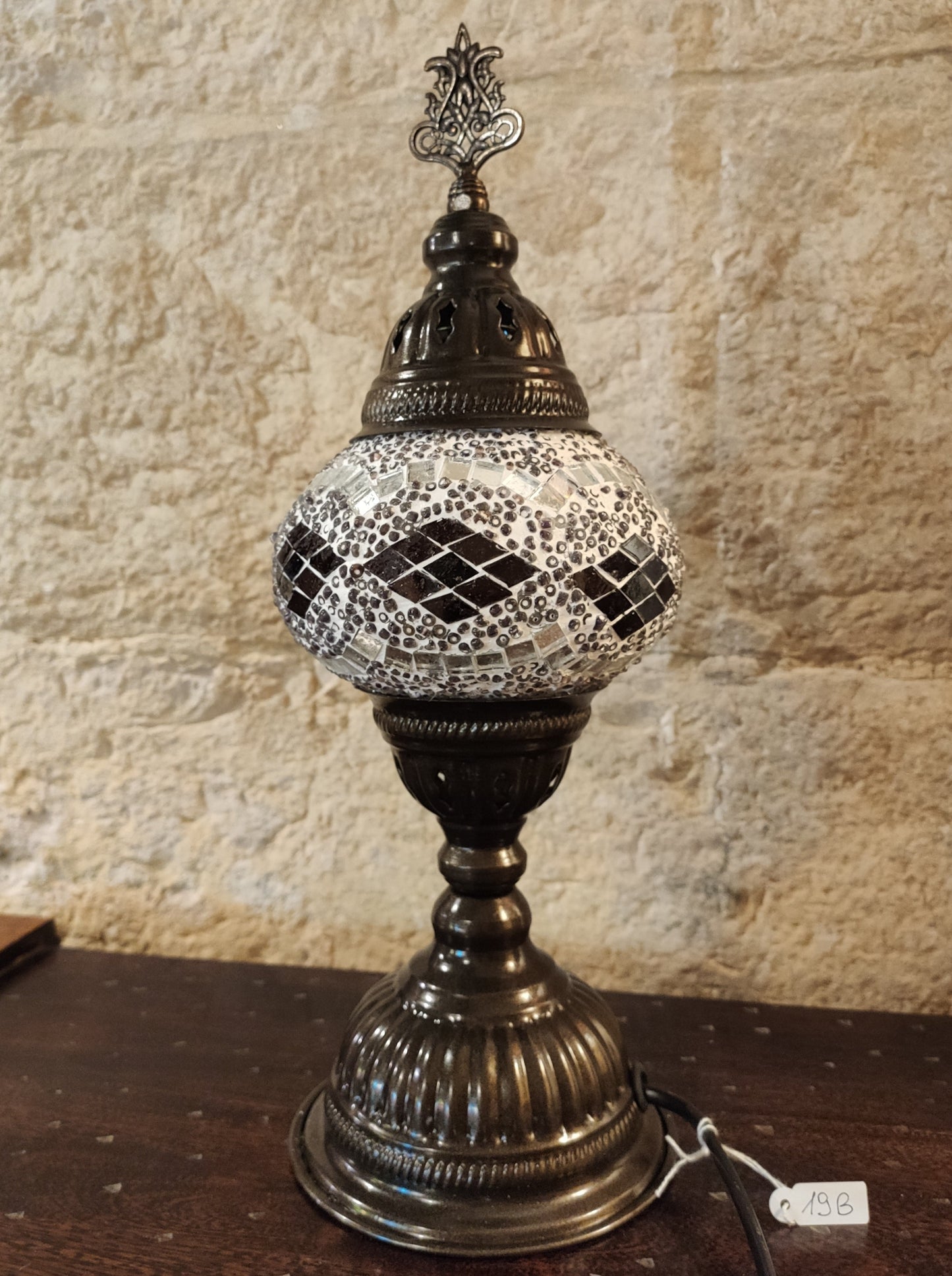 Turkish mosaic glass lamp, ethnic decor, white 19B