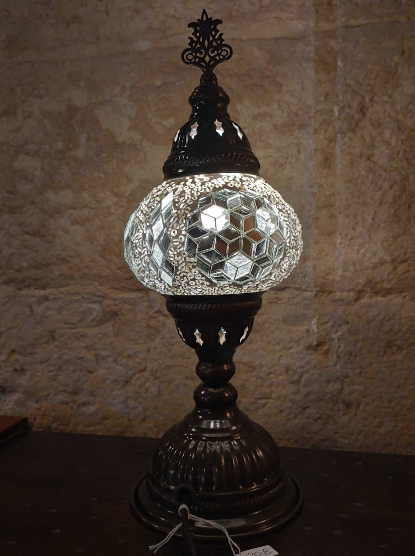 Turkish mosaic glass lamp, ethnic decor, white 20B