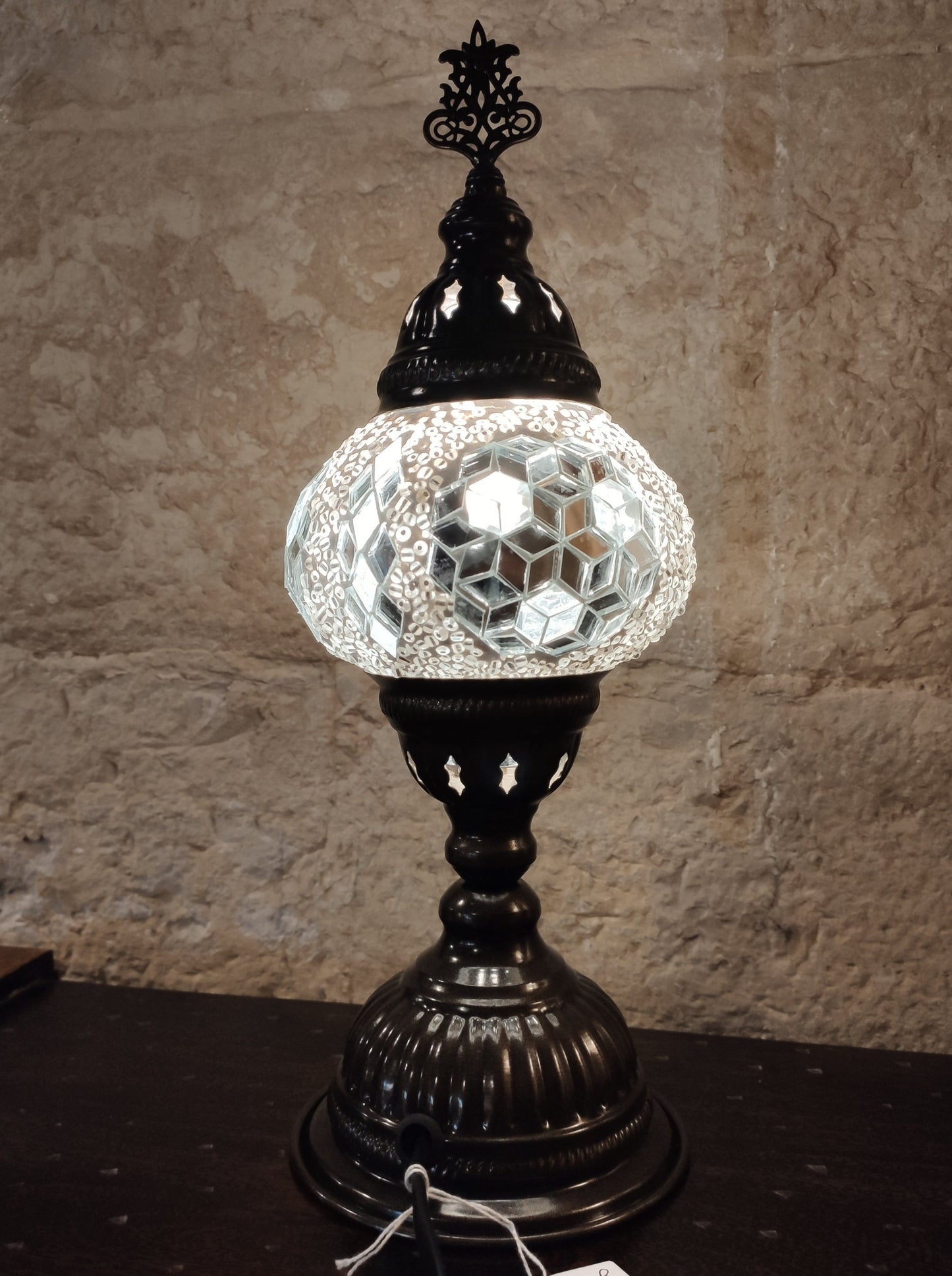 Turkish mosaic glass lamp, ethnic decor, white 20B