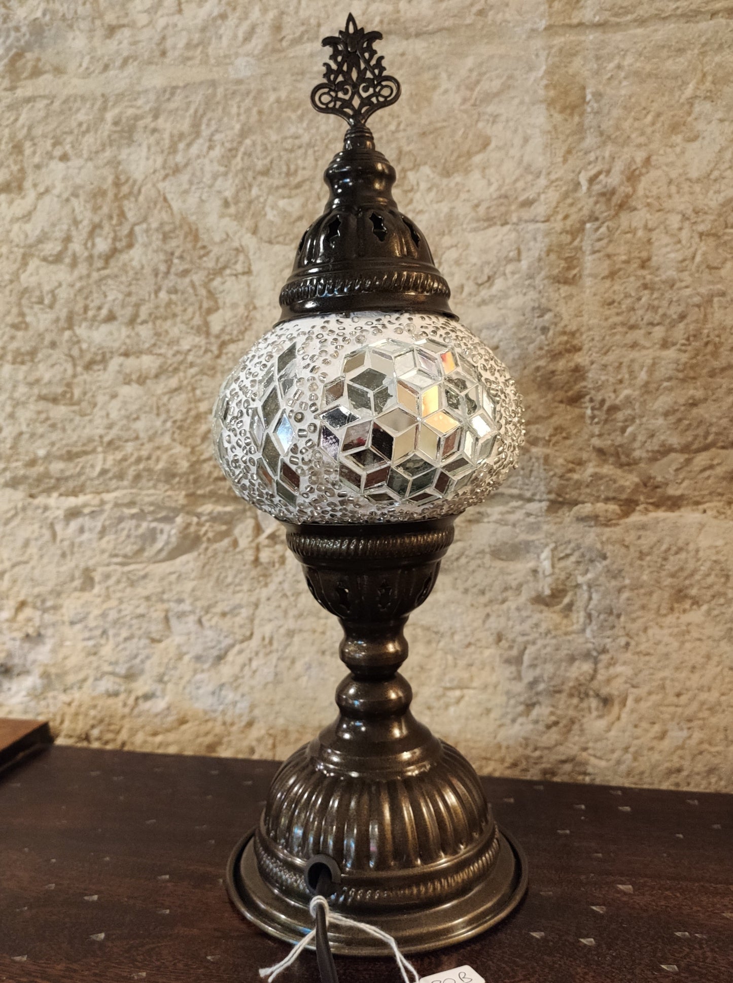 Turkish mosaic glass lamp, ethnic decor, white 20B