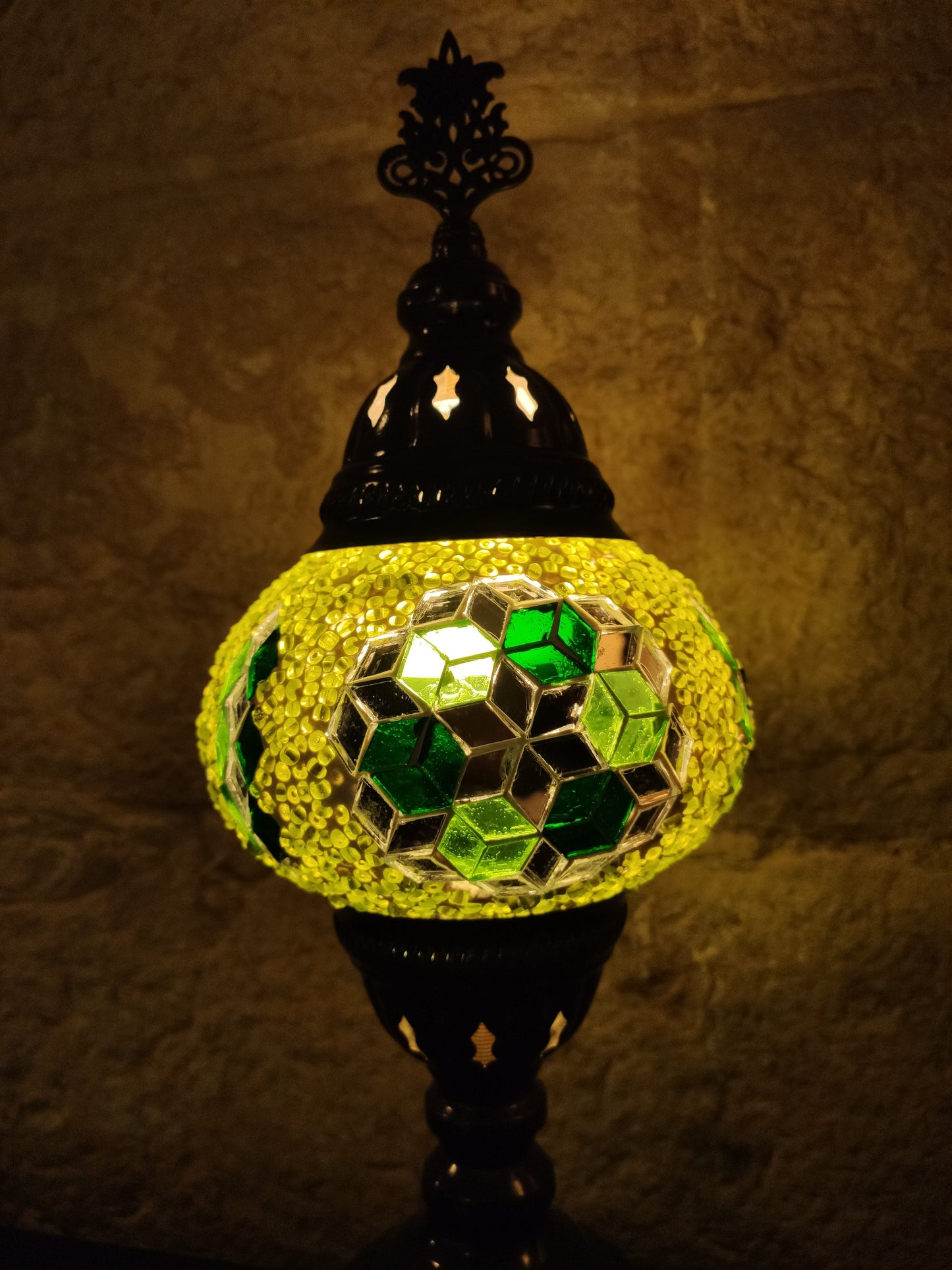 Turkish mosaic glass lamp, yellow green ethnic decor 29B