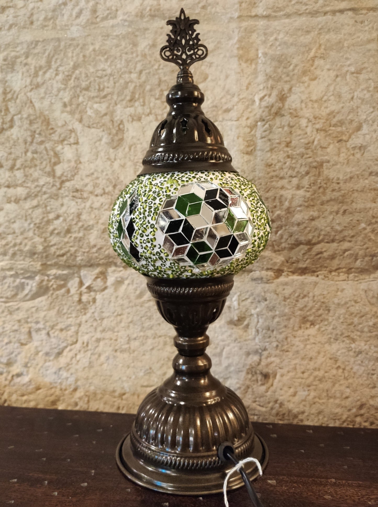 Turkish mosaic glass lamp, yellow green ethnic decor 29B